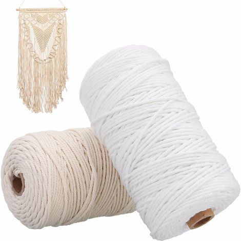 Cordon en coton blanc résistant de 200 m, couleur beige naturel, torsadé, pour loisirs créatifs, macramé, décoration et bricolage. 3 mm de diamètre. (1/5)