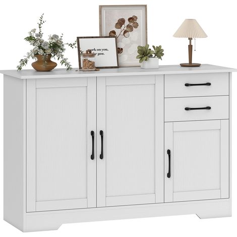 Weißes Sideboard mit 3 Türen und 2 Schubladen, Esszimmermöbel mit verstellbarem Einlegeboden, Maße 120 x 38 x 79 cm.