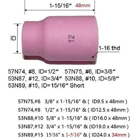 Lente per gas TIG, ugello in ossido di alluminio, coppa in ceramica, jumbo, grande, 53N87 (12 D19 x 48 mm), compatibile con torce per saldatura TIG SR DB WP 9 17 18 20 25 26, confezione da 10 (1/5)