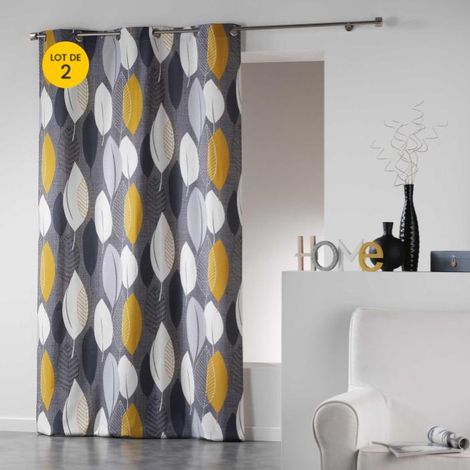 Lot de 2 rideaux tamisant en coton 140 x 240 cm Leafy jaune (1/2)