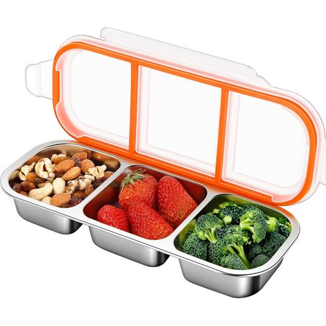 Snack Box en Acier Inoxydable Boîte À Condiments Réutilisable À 3 Compartiments avec Couvercles Pour Les Enfants et Les Adultes, boîtes À Snacks (1/5)