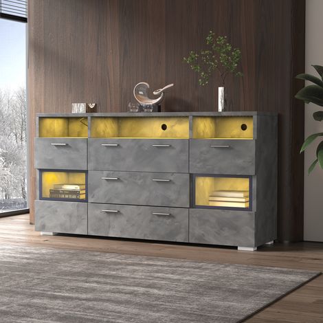 Aparador gris de 140 cm, LED controlable mediante aplicación, puertas de acrílico transparente, 2 puertas, 3 cajones, 3 estantes (1/5)