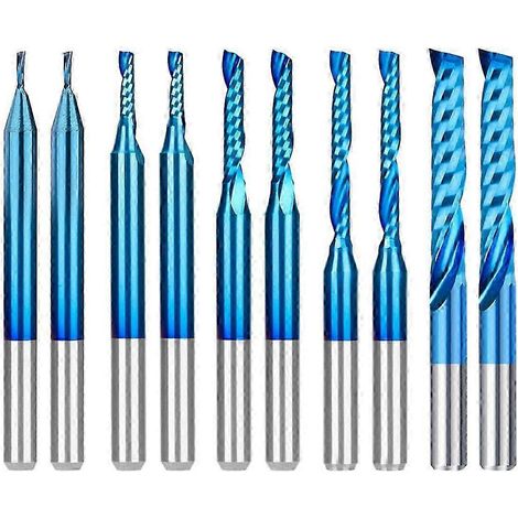 Lot de 10 fraises à spirale à une seule dent, queue de 3,175 mm (1/8 pouce), revêtement bleu, pour défonceuse CNC, diamètres disponibles : 1, 1,5, 2 et 2,5 mm, pour le bois. (1/5)