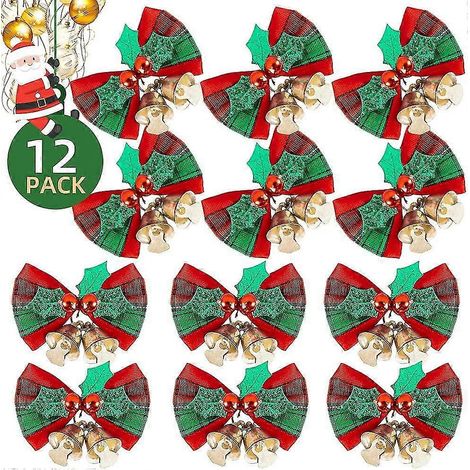 Lot de 12 mini nœuds de Noël pour sapin, couronne, guirlande, décoration, cadeaux, fêtes de Noël et du Nouvel An, rouge et vert, 5 x 4 cm (1/5)