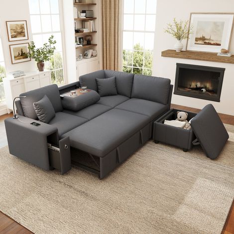 Canapé d'angle extensible en forme de L avec fonction lit, pouf de rangement, table basse pliante, ports USB et Type-C, lampe de lecture et 2 coussins – idéal pour salon, chambre d'amis, home cinéma – (1/5)