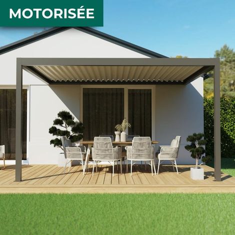 Pergola Bioclimatique Aluminium Adossée Motorisée Éclairée 4x3 Gris SV ORIAL France