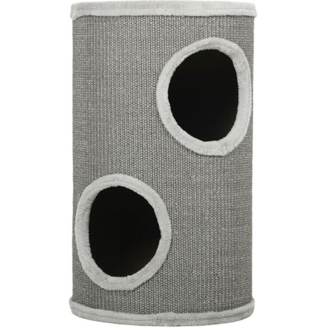 Tiragraffi a due piani, alto 60 cm, Ø 35 cm, con 2 cavità, bordo in peluche, per 1-2 gatti fino a 5 kg, colore grigio chiaro, disponibile in loco. (1/5)