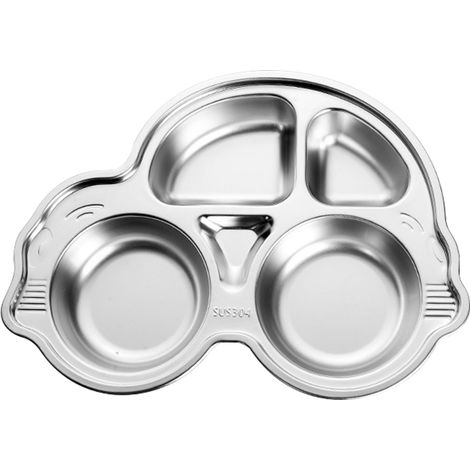 Unterteiltes Serviertablett aus Edelstahl, lustige, sturzsichere Form für Kinder, verspieltes Lunchtablett für den Kindergarten und Käferauto. (1/5)