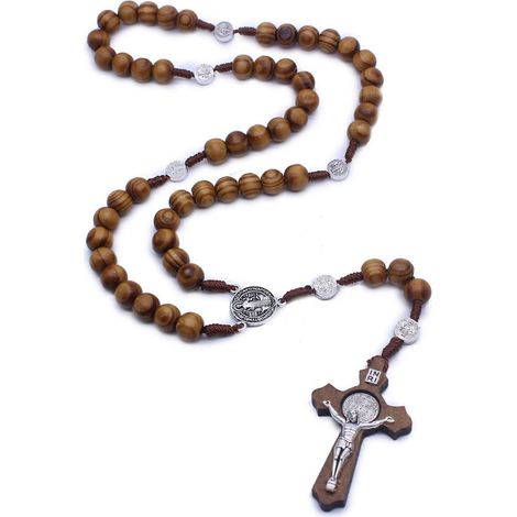 Chapelet en bois catholique pour collier croix avec pendentif croix (1/4)