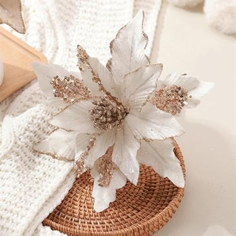 Ansho Lot de 6 grandes fleurs de poinsettia artificielles à paillettes de 27,9 cm pour décoration de sapin de Noël, couronne, guirlande (blanc) (1/5)