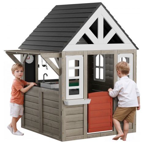 Maisonnette Enfants Extérieur en Bois, Cabine de Jardin pour Enfants, Maison de Jeux avec Porte, Fenêtre, Support de Pot de Fleurs, Gril, Cuisinière et Évier Fonctionnelle, pour Arrière-cour (1/4)