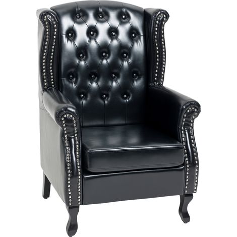 Chesterfield Wingback Accent Chair with Tufted Design and Nail Head Trim for Living Room or Bedroom in Black