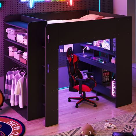 Letto a soppalco gaming 243x147x170 cm, scrivania e armadi contenitore, illuminazione LED, MDF e compensato nero (1/5)