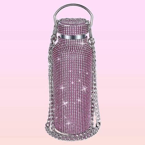 Bouteille d'eau scintillante en forme de diamant, gourde isotherme en acier inoxydable de haute qualité ornée de strass, gourde étanche avec chaînette (rose, 500 ml) (1/5)
