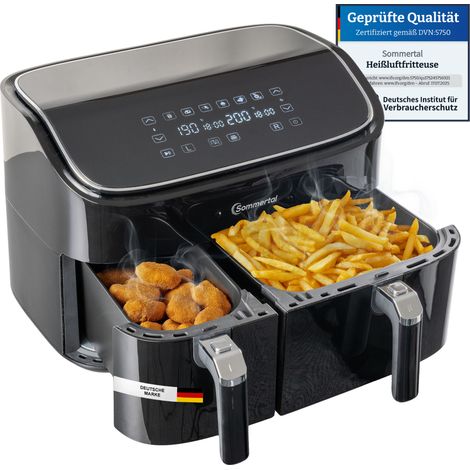 Sommertal Heißluftfritteuse HF DUAL 900 mit Doppelkammer 9 Liter XXL Airfryer & Dörrgerät 2850W Digitales Touch Display