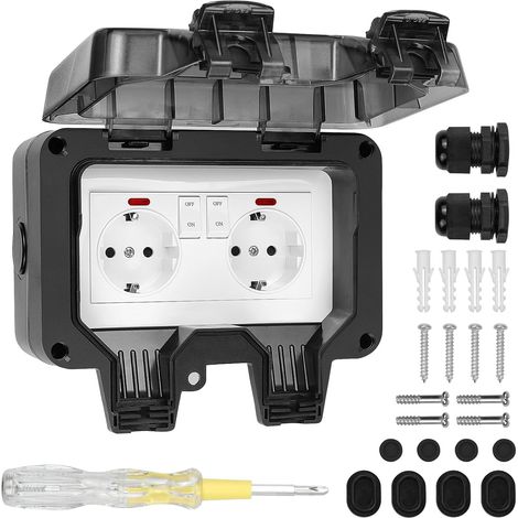 Outdoor 2 Outlet Socket with Cable Connector and Flip Cover IP66 Dustproof for Kitchen, Bathroom, Garage, Pool and Garden, Black (1/5)