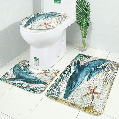 3-teiliges Badezimmer-Set mit weicher, rutschfester Badematte mit Meeresmotiv und WC-Sitzbezügen in Walform