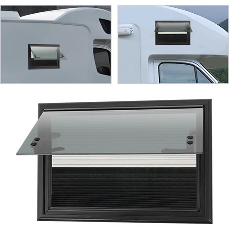 Ventana corredera para autocaravana, modelo en ángulo recto, 500 x 350 mm, con mosquitera y toldo parasol, ventana basculante, instalación en sándwich, forma rectangular. (1/5)