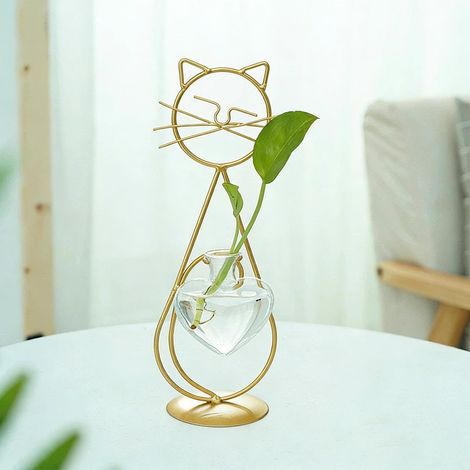 Vase Hydroponique - Support Pour Fleurs En Fer Forgé En Forme De Chat - Décor Intérieur Pour Salon Et Salle À Manger - 28,5 X 12 Cm - 1 Pièce (1/5)