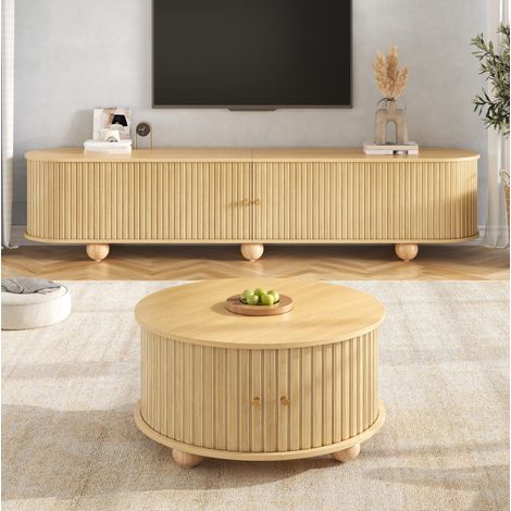 Ensemble table basse ronde et meuble TV 180 x 35 x 45 cm + 72 x 72 x 38 cm, MDF, rangements - naturel (1/5)