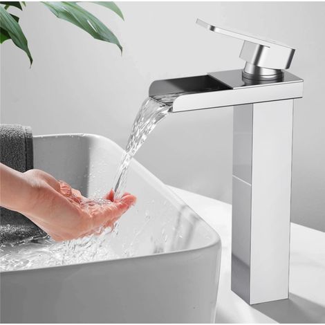 Robinet Salle de Bain Cascade Haut, MEEJEE Mitigeur pour Vasque Chromé Robinet Design Moderne Corps en Acier Inox