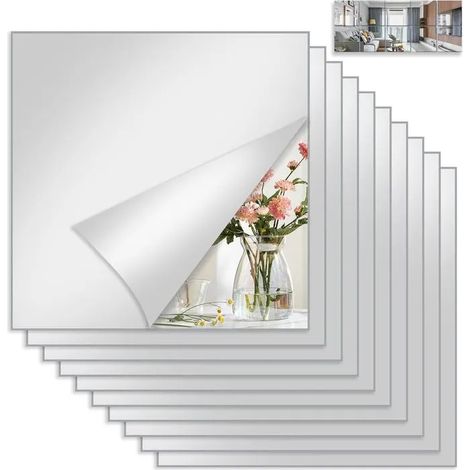 Lot de 4/10 Films Miroir Adhesif Mural, Miroir Acrylique Carrés 20 x 20 cm, Installation Murale sans Perçage (10) (1/5)