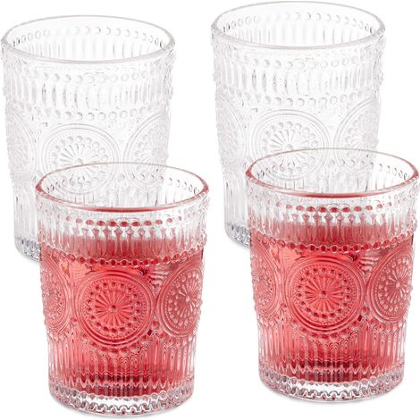 Relaxdays Drinking Glasses Set of 4, Dishwasher Safe, 300ml each, Vintage Glasses with Floral Pattern, Transparent