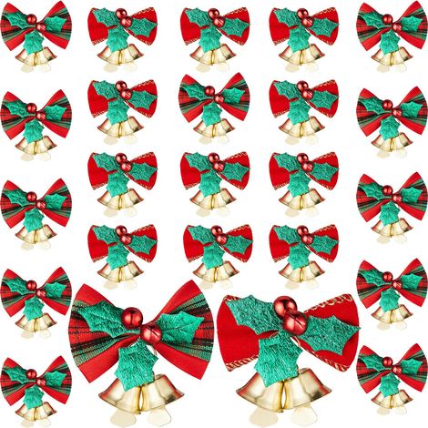 24 Pieces Mini Christmas Bows with Bells Christmas Tree Bow Garland Decorations Hanging Ribbon Bow for Christmas Tree Gift Charms Ornaments, 2 Styles (1/5)