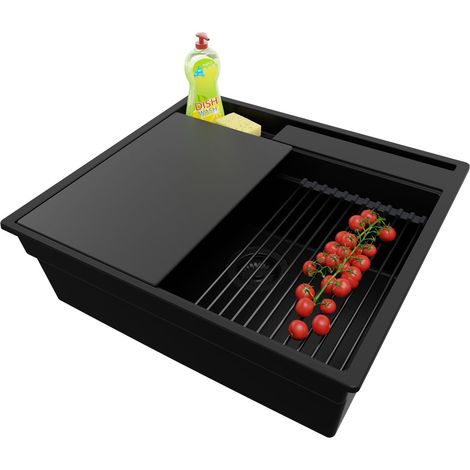 PRIMAGRAN Evier Cuisine en Granit 58x53cm,Lavabo 1 bac + Kit de Vidage + Accessoires, Évier à Encastrer au meuble 60cm - Oslo Pocket, Tout Noir (1/5)