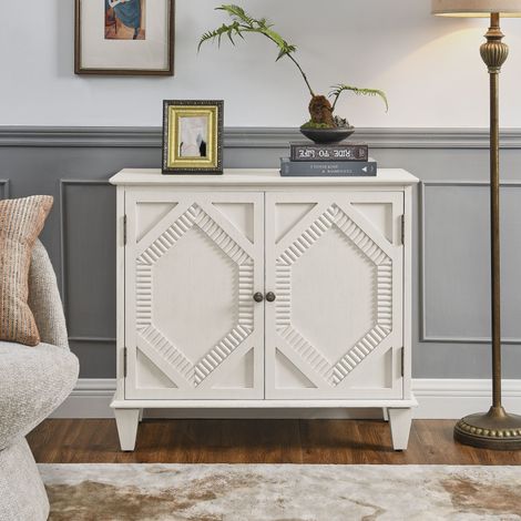 Buffet vitrine rétro 85,3x40 cm avec portes vitrées symétriques, rangement et détails géométriques, MDF et bois massif, Blanc antique (1/5)