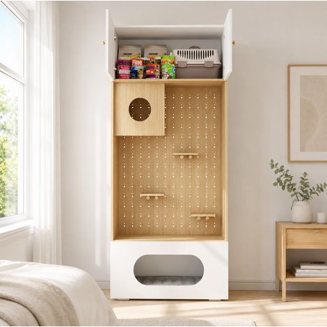 Mobile per gatti 90x50x200 cm in truciolato bianco effetto legno con contenitore - CHICFURN (1/5)