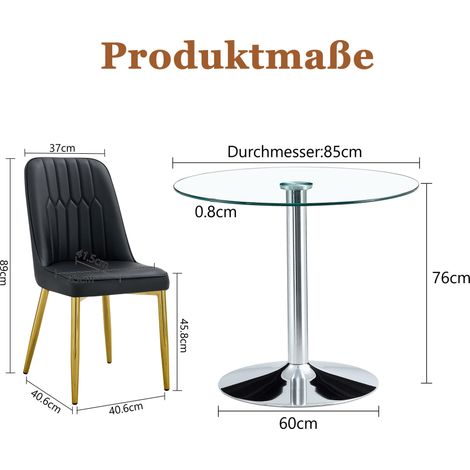 Juego de comedor redondo de vidrio templado 85 cm con 4 sillas PU negras y patas doradas (1/5)