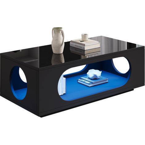 Table basse MDF blanc laqué LED pilotable app rangement câbles 100×50cm (1/5)