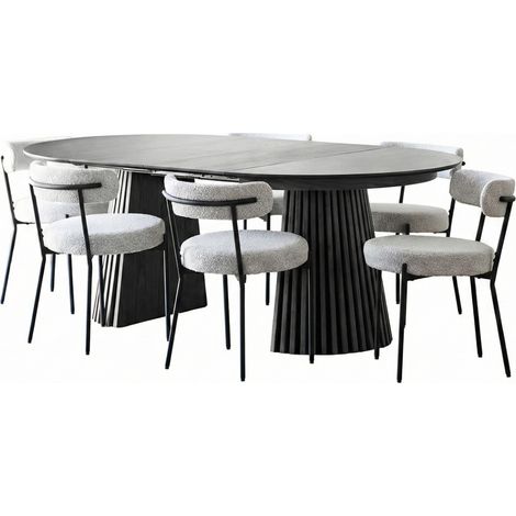 Tokyo ensemble pour salle à manger table à manger avec 2 rallonges Ø120x120-160-200 cm noire et 6 chaises bouclé blanc. (1/5)