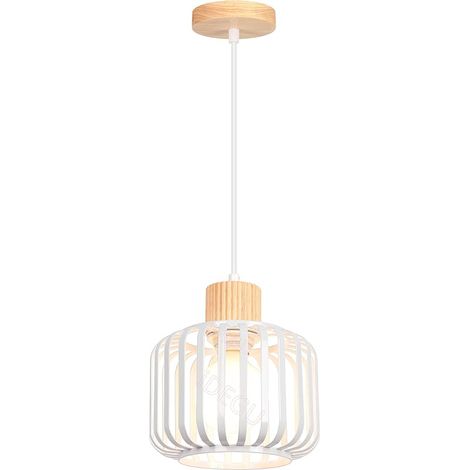 Suspension Luminaire Rétro, 18cm Lustre Plafonnier en Bois et Métal Design Cage Industriel Lampe de Plafond E27 Éclairage Décor Moderne pour Chambre Salon Cuisine Salle à Manger Café (Blanc) (1/5)