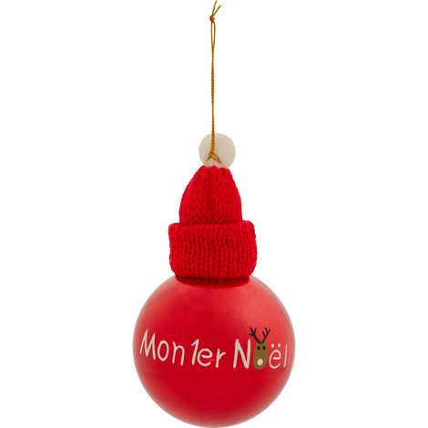Déco Sapin Boule de Noël D 8 cm Rouge déco Mon Premier Noël et bonnet - Feeric Christmas (1/2)
