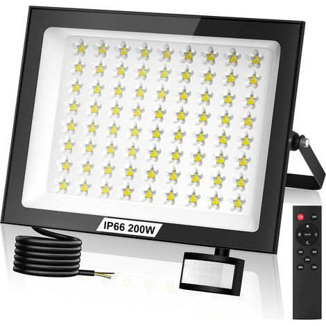 Projecteur LED 200 W avec détecteur de mouvement, 20 000 lm, avec télécommande, blanc froid 6 500 K, étanche IP66, pour jardin, garage et terrasse (1/5)