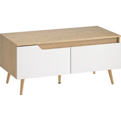 Table basse rectangulaire et table de salon moderne - 100x50x46 cm, chêne et blanc - Avec 2 tiroirs et 5 pieds en bois de pin - Pour salon - Design pratique (1/5)