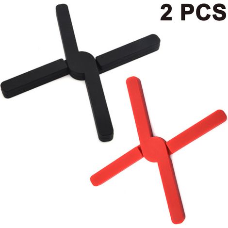 Lot de 2 dessous de plat pliables en silicone (noir + rouge), extensibles et pliables, légers, flexibles, résistants et antidérapants. Design en croix. Ustensiles de cuisine.