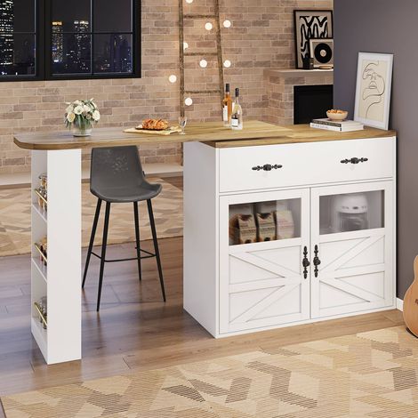 Table bar extensible 138-204x39x104 cm pivotante 360° avec rangement étagères îlot cuisine blanc moderne multifonction (1/5)