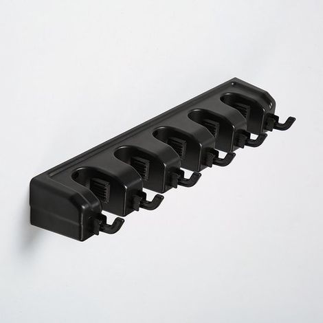 Rechteckiger, wandmontierter Organizer für Werkzeug und Reinigungsmittel, für Waschküchen, Küchen und Garagen, mit 6 Haken und 5 Fächern. Schwarz (1/5)