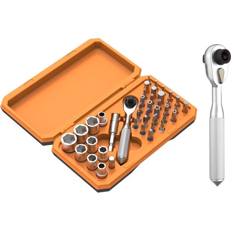 Jeu de 42 clés à cliquet Clé à douille ¼" + 30 embouts (S2 acier) + 9 clés à douille (métrique) dans un coffret de rangement pratique – Acier Cr‑V, denture fine à 72 dents (1/5)