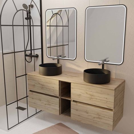 Mobile da Bagno 140 TIMBER Effetto Rovere - 4 Cassetti e Modulo - Lavabi Neri - Specchi LED 60x80