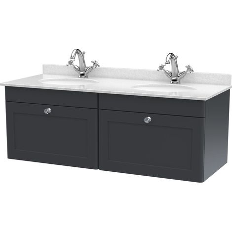 Swynnerton Traditional 2 Drawer Wall Hung Vanity Unit with Double Marble Basin, Dark Grey, 1200mm