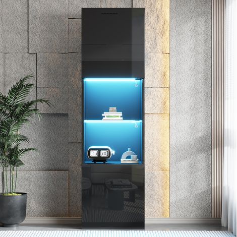 Vitrine haute 45x35x160 cm en panneaux de bois noir laqué, LED, moderne pour salon FloraGrace (1/5)