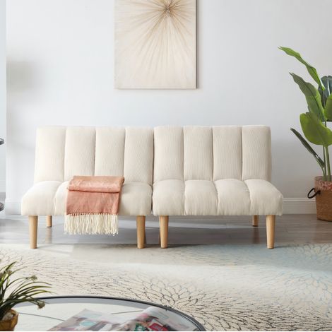 Sofá cama de 2 plazas, respaldo reclinable en 3 posiciones, tejido de corduroy beige (1/5)