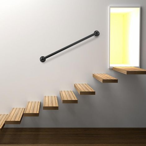 3FT Stahlrohre und Gusseisen Handlauf Geländer Treppengeländer Schwarzer Wandhandlauf Wand Treppe mit halbrunden Abschlüssen und Haltern für Innen und Außen, Rund Ø32mm (1/5)
