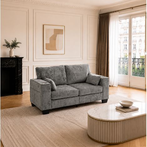 Sofá 2 plazas 182 cm con portavasos y bolsillos laterales, tejido chenilla, estructura de madera - gris oscuro (1/5)