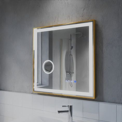 Miroir lumineux rond contour cuivré CARA 70 cm - antibuée, horloge et loupe (1/5)