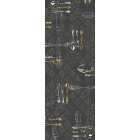 Papier peint panoramique noir pour salle à manger | Tapisserie panoramique originale moderne | Papier peint panoramique à motif couverts - 280 x 100 cm (1 pièce) (1/2)